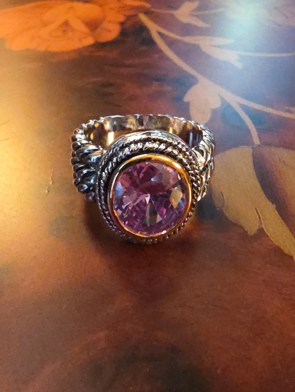 Mixed-Metal Rope Band Ring with Purple Gemstone